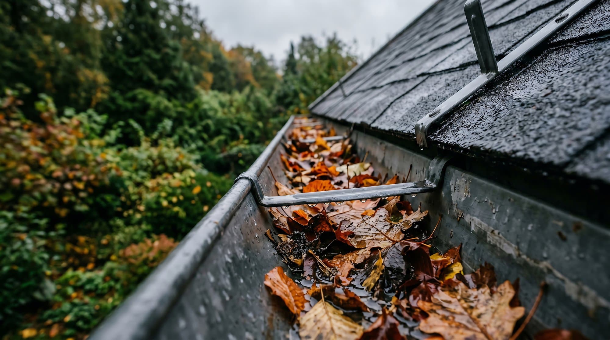 A metal gutter full of wet autumn leaves